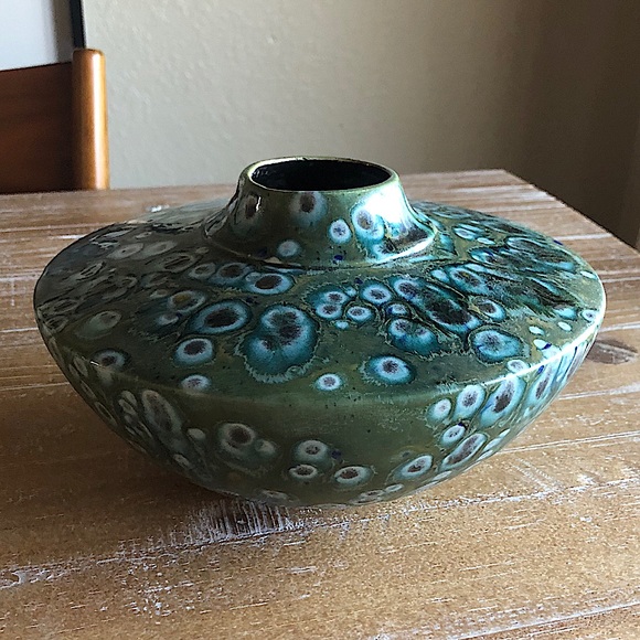Vintage Handmade Glazed Ceramic Low Vase Vessel